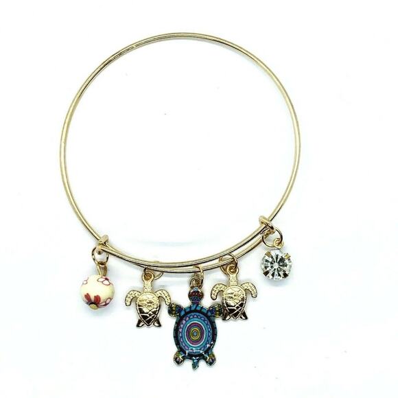 Beaded Sea Turtle Charm Colorful Bangle Bracelet - Picture 2 of 6